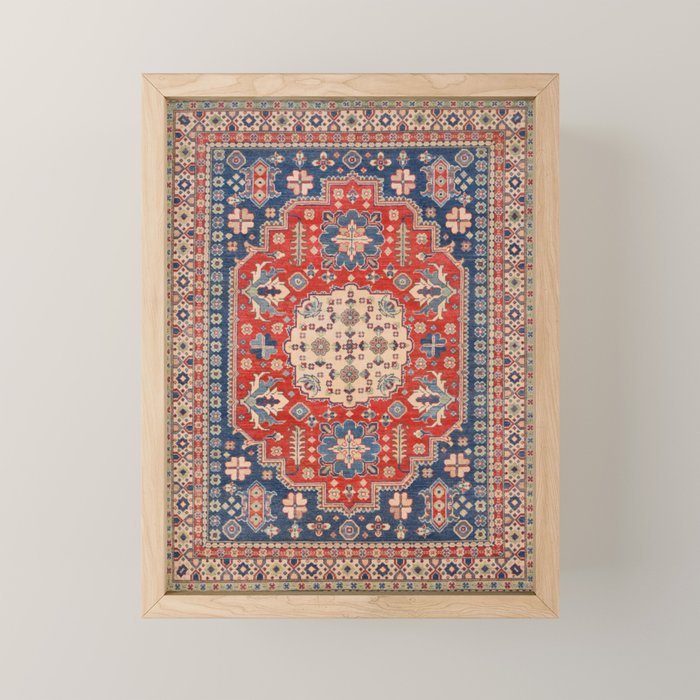 Red And Blue Madallion Kazak Handmade Rug Mini Art Print Gallery Image 1