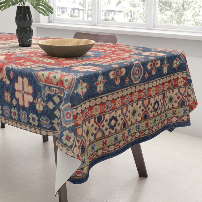 Red And Blue Madallion Kazak Handmade Rug Tablecloth Gallery Image 3