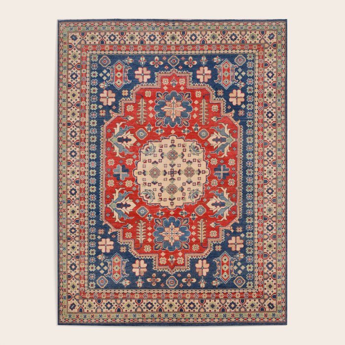 Red And Blue Madallion Kazak Handmade Rug Poster Gallery Image 1