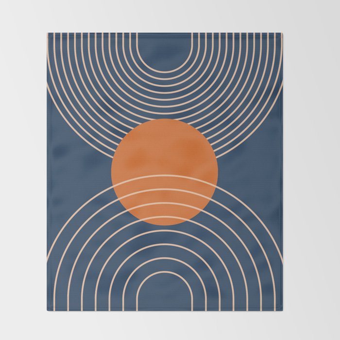 Geometric Lines in Orange and Navy Blue 2 (Sun and Rainbow Abstract) Throw Blanket Gallery Image 2