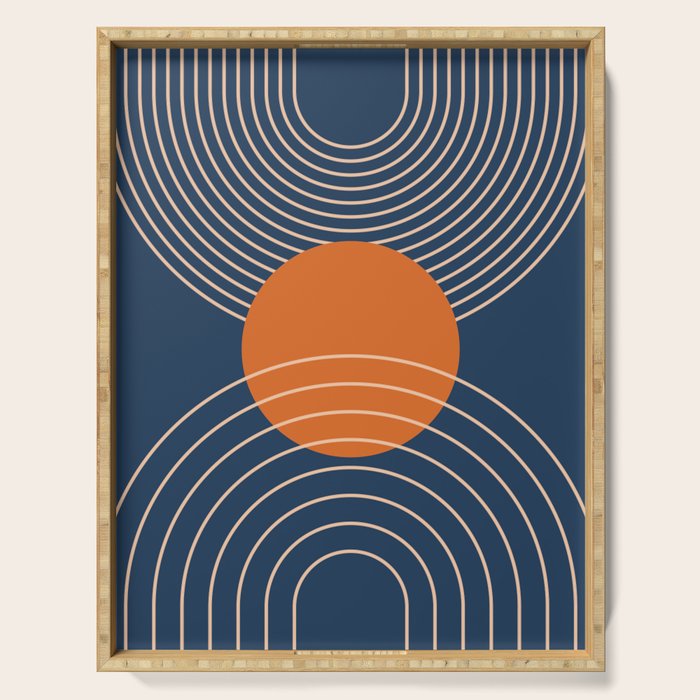 Geometric Lines in Orange and Navy Blue 2 (Sun and Rainbow Abstract) Serving Tray Gallery Image 1