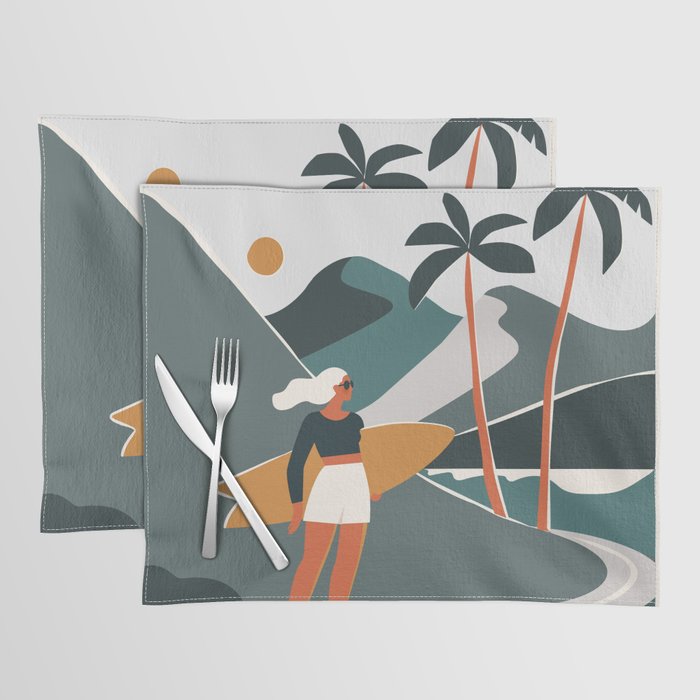 Single Fin Soul - Surfing Illustration with Longboard Balancing Surfer Girl Placemat Gallery Image 1