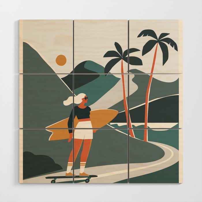 Single Fin Soul - Surfing Illustration with Longboard Balancing Surfer Girl Wood Wall Art Gallery Image 1