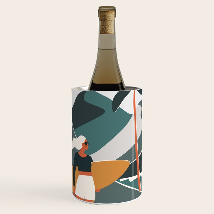Single Fin Soul - Surfing Illustration with Longboard Balancing Surfer Girl Wine Chiller Gallery Image 1