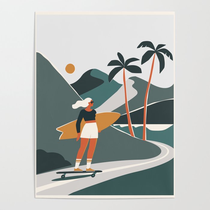 Single Fin Soul - Surfing Illustration with Longboard Balancing Surfer Girl Poster Gallery Image 4