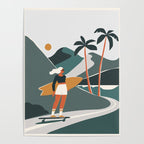 Single Fin Soul - Surfing Illustration with Longboard Balancing Surfer Girl Poster Gallery Image 4