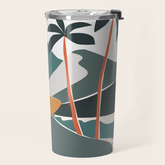 Single Fin Soul - Surfing Illustration with Longboard Balancing Surfer Girl Travel Mug Gallery Image 2