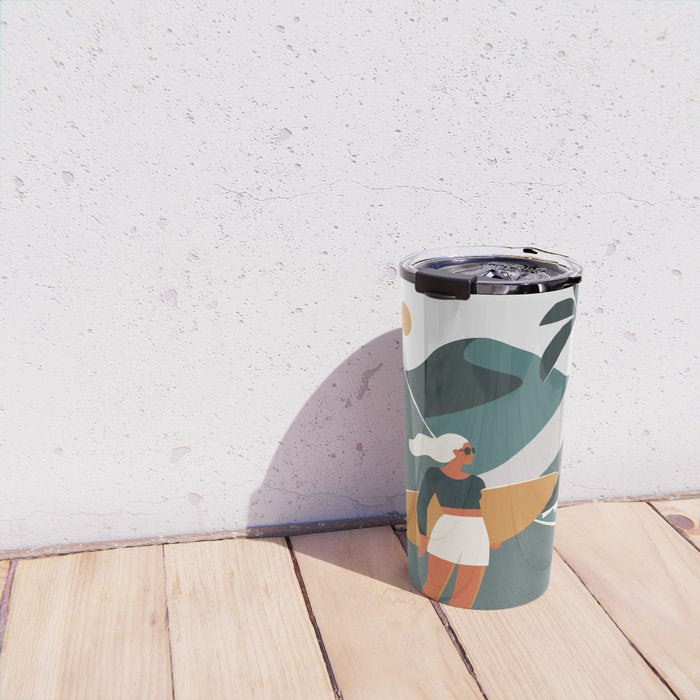 Single Fin Soul - Surfing Illustration with Longboard Balancing Surfer Girl Travel Mug Gallery Image 4