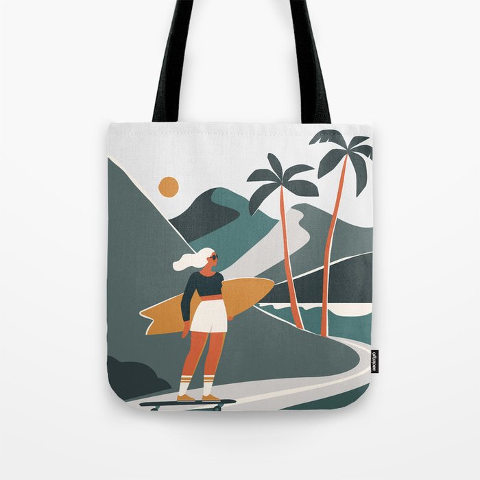 Single Fin Soul - Surfing Illustration with Longboard Balancing Surfer Girl Tote Bag Gallery Image 1
