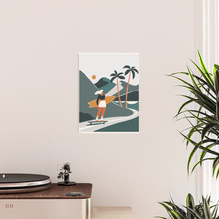 Single Fin Soul - Surfing Illustration with Longboard Balancing Surfer Girl Poster Gallery Image 2