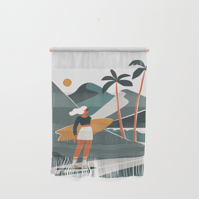 Single Fin Soul - Surfing Illustration with Longboard Balancing Surfer Girl Wall Hanging Gallery Image 1
