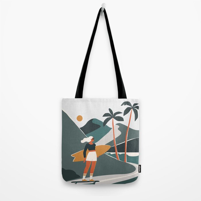 Single Fin Soul - Surfing Illustration with Longboard Balancing Surfer Girl Tote Bag Gallery Image 2