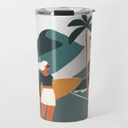 Single Fin Soul - Surfing Illustration with Longboard Balancing Surfer Girl Travel Mug Gallery Image 1