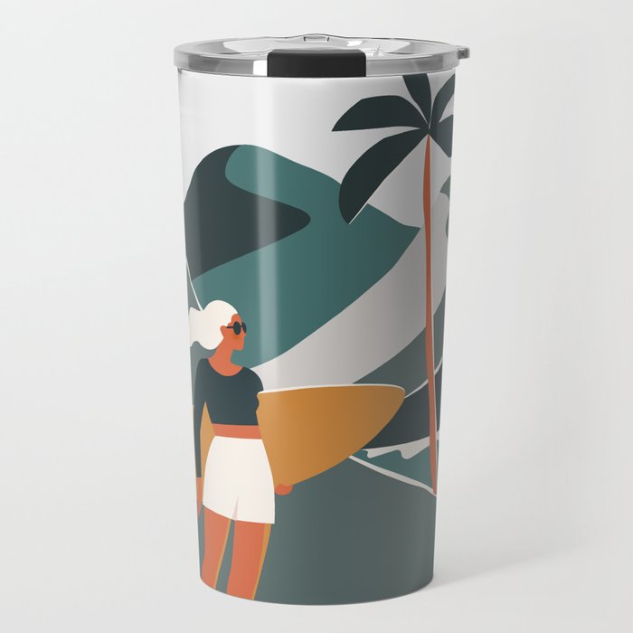 Single Fin Soul - Surfing Illustration with Longboard Balancing Surfer Girl Travel Mug Gallery Image 1
