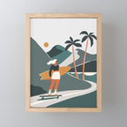 Single Fin Soul - Surfing Illustration with Longboard Balancing Surfer Girl Mini Art Print Gallery Image 1