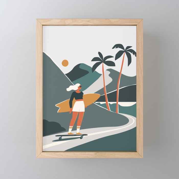 Single Fin Soul - Surfing Illustration with Longboard Balancing Surfer Girl Mini Art Print Gallery Image 1