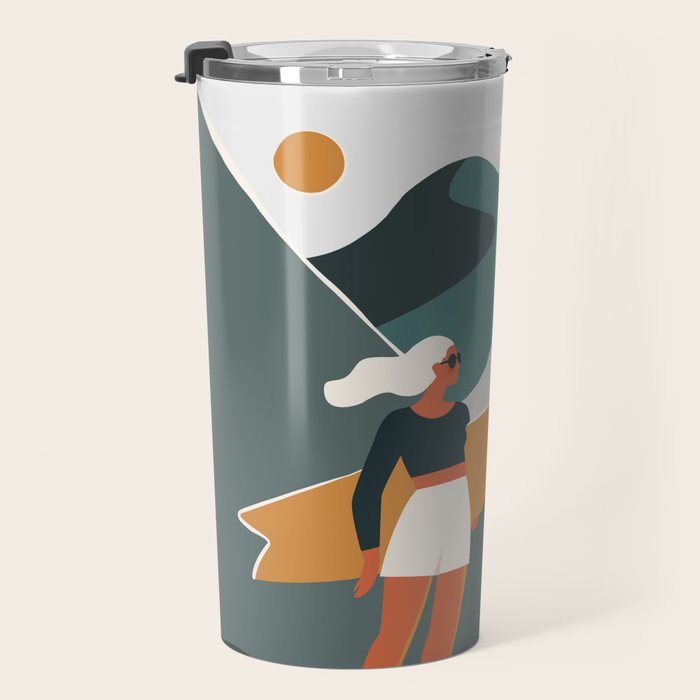 Single Fin Soul - Surfing Illustration with Longboard Balancing Surfer Girl Travel Mug Gallery Image 3