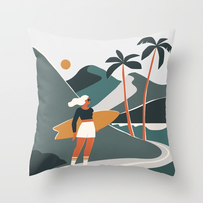 Single Fin Soul - Surfing Illustration with Longboard Balancing Surfer Girl Throw Pillow Gallery Image 1