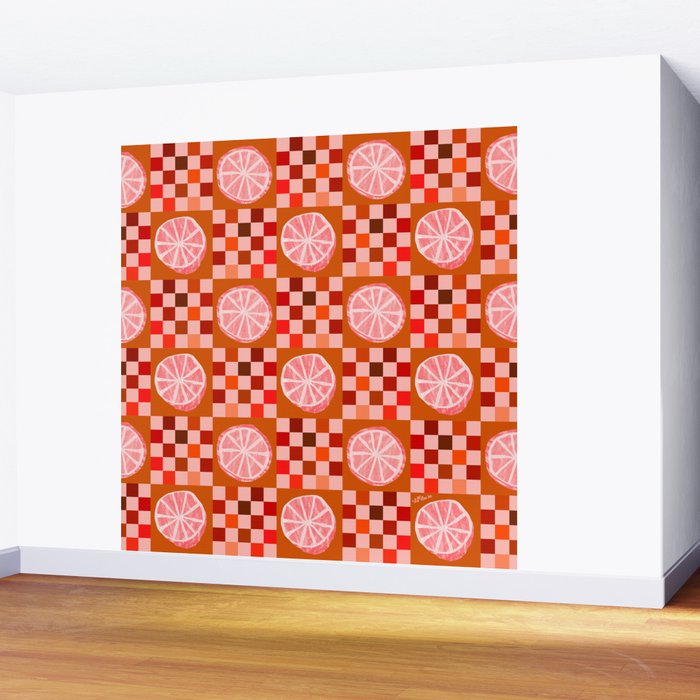 Checkered Sliced Citrus Fruit in Red & Peach Pink Wall Mural Gallery Image 2
