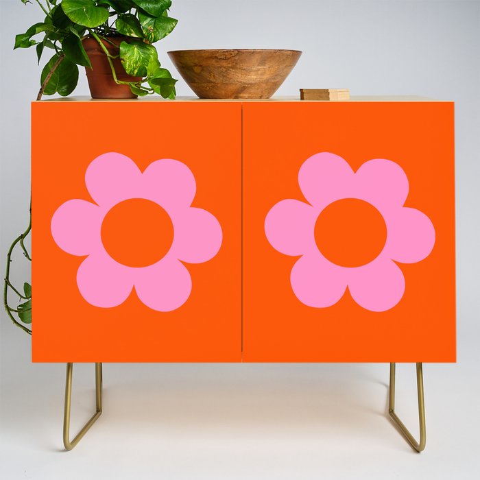La Fleur | 01 - Retro Floral Print Orange And Pink Aesthetic Preppy Modern Abstract Flower Credenza Gallery Image 1