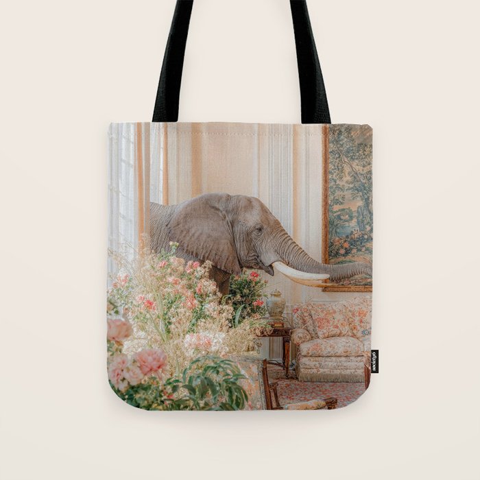 Wildlife Wall Art Elephant maximalist Flower Poster luxurious living Room Decor Renaissance Print Tote Bag Gallery Image 1