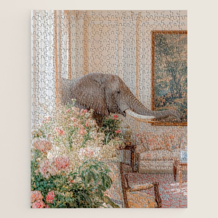 Wildlife Wall Art Elephant maximalist Flower Poster luxurious living Room Decor Renaissance Print Jigsaw Puzzle Gallery Image 1