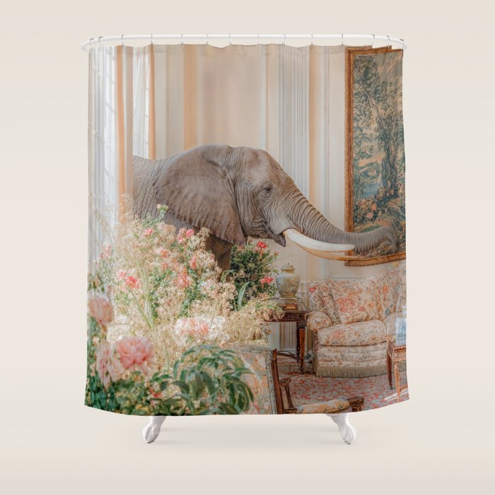 Wildlife Wall Art Elephant maximalist Flower Poster luxurious living Room Decor Renaissance Print Shower Curtain Gallery Image 1