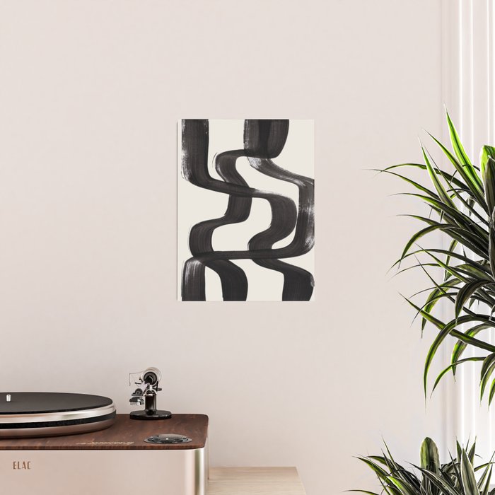Mid Century Modern Minimalist Abstract Art Brush Strokes Black & White Ink Art Ripple Lines Poster Gallery Image 2