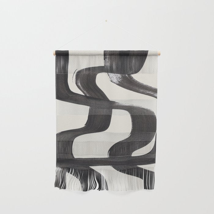 Mid Century Modern Minimalist Abstract Art Brush Strokes Black & White Ink Art Ripple Lines Wall Hanging Gallery Image 1