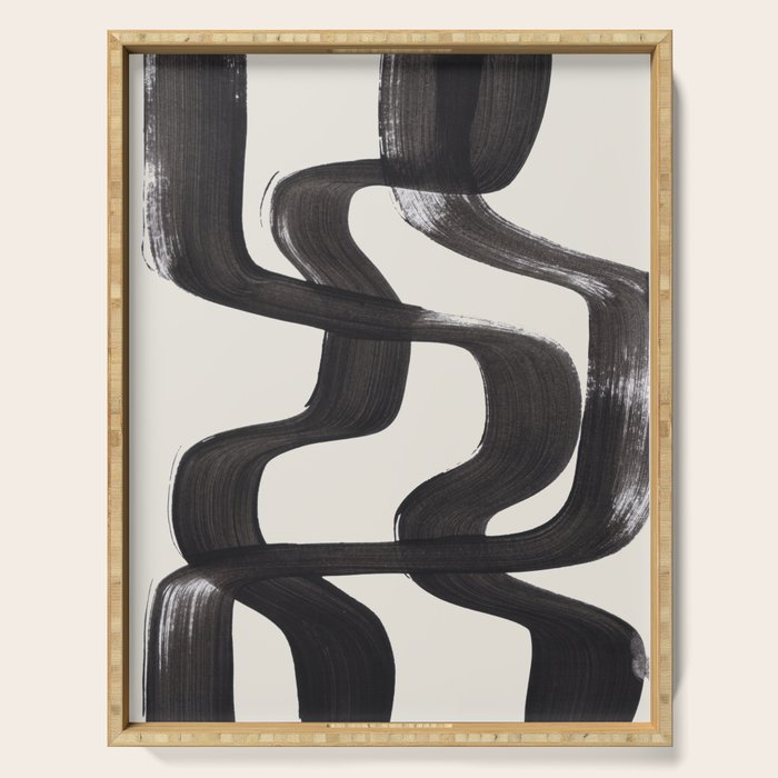 Mid Century Modern Minimalist Abstract Art Brush Strokes Black & White Ink Art Ripple Lines Serving Tray Gallery Image 1
