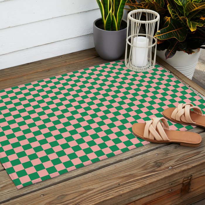 Miniature Check Pattern in Pink and Green Outdoor Rug Gallery Image 2