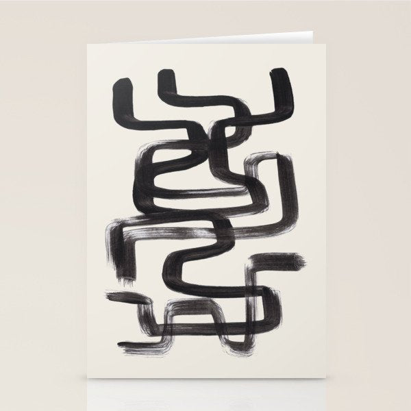 Mid Century Modern Minimalist Abstract Art Brush Strokes Black & White Ink Art Pipe Maze Stationery Card Gallery Image 1
