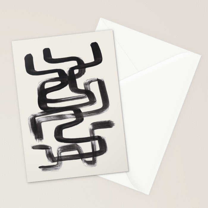 Mid Century Modern Minimalist Abstract Art Brush Strokes Black & White Ink Art Pipe Maze Stationery Card Gallery Image 2