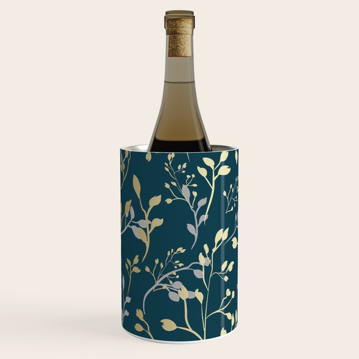 Leaves, Teal and Gold, Floral Artwork Print Wine Chiller Gallery Image 2