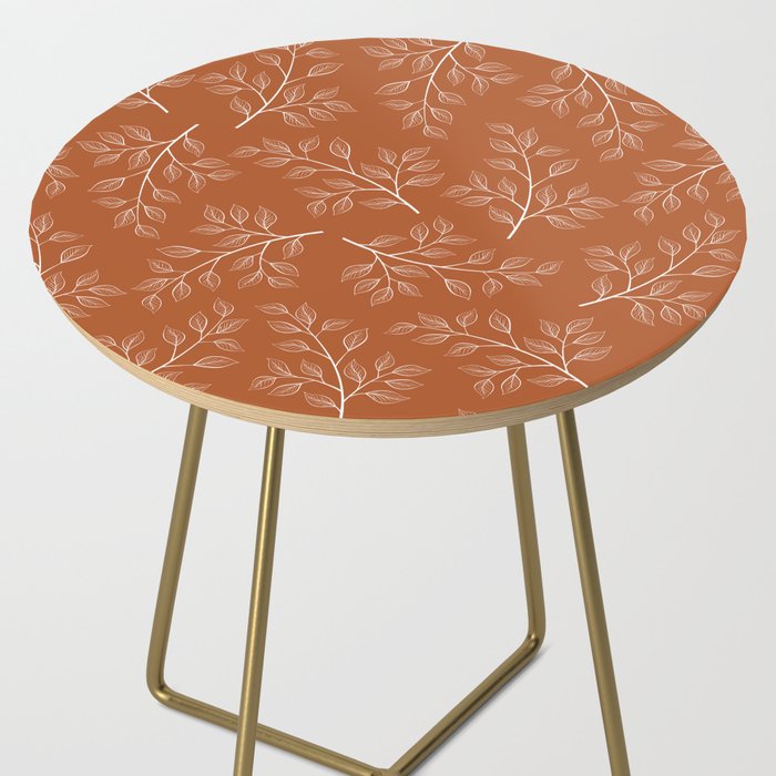 Delicate White Leaves and Branch on a Rust Orange Background Side Table Gallery Image 2