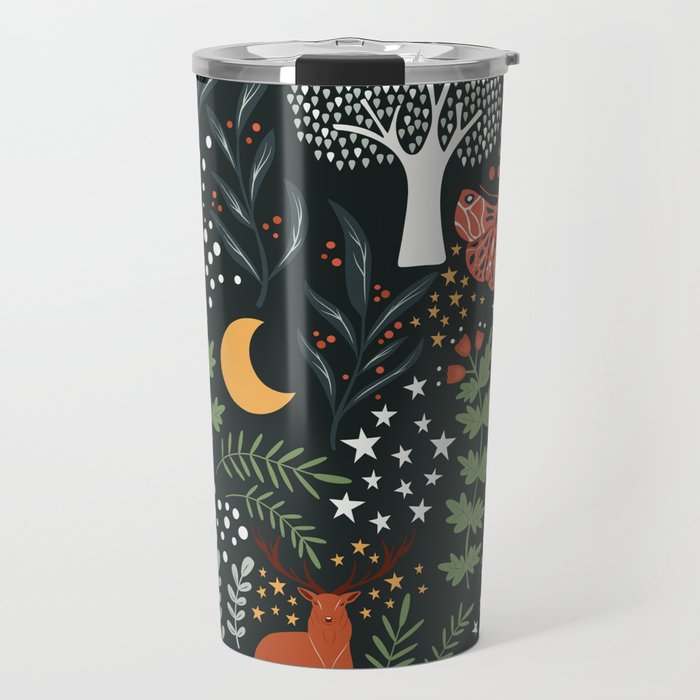 Full-Moon forest: Whimsical Woodland Nightscape with Deer and Moths Travel Mug Gallery Image 1