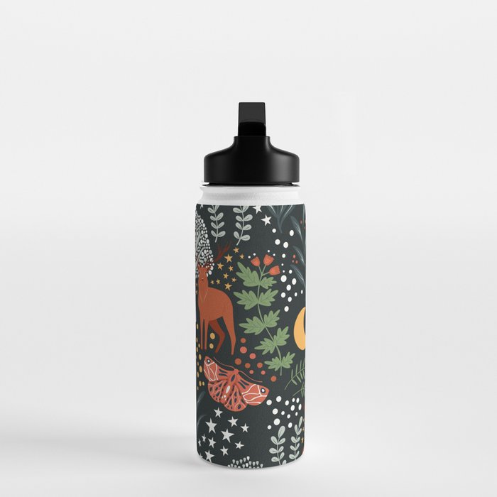 Full-Moon forest: Whimsical Woodland Nightscape with Deer and Moths Water Bottle Gallery Image 3