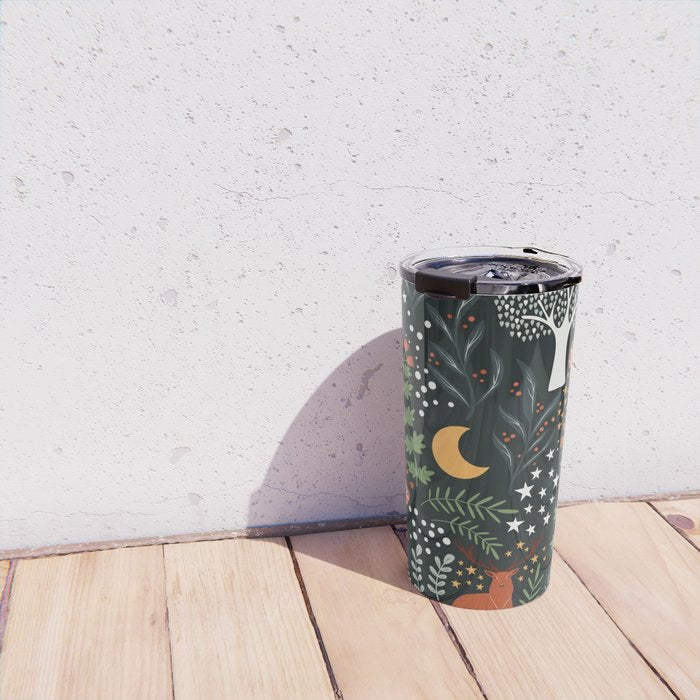Full-Moon forest: Whimsical Woodland Nightscape with Deer and Moths Travel Mug Gallery Image 4