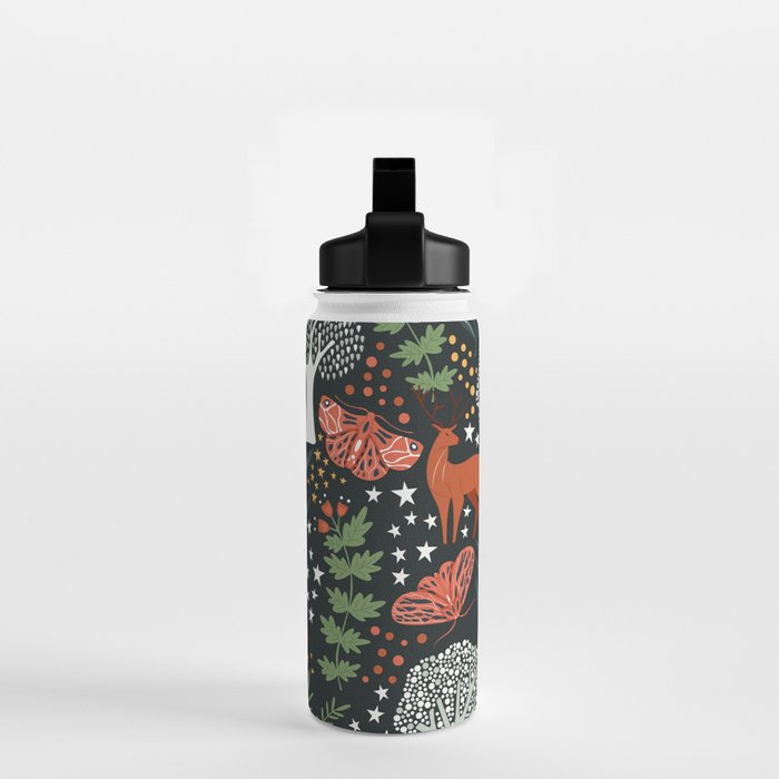 Full-Moon forest: Whimsical Woodland Nightscape with Deer and Moths Water Bottle Gallery Image 2