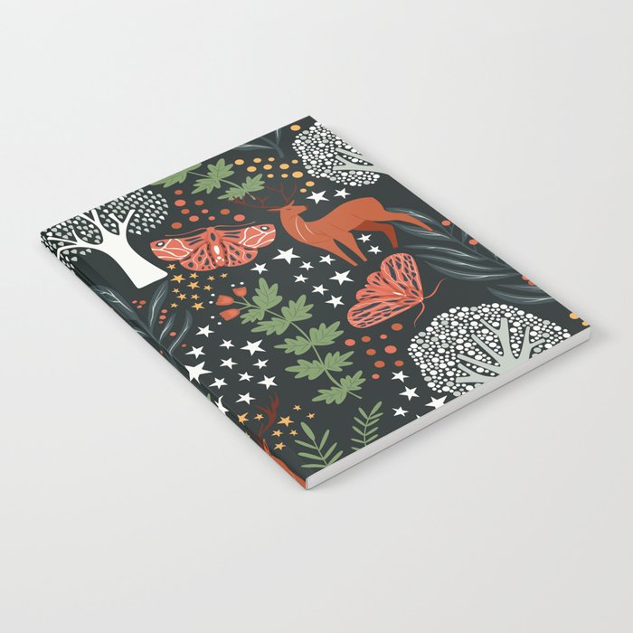 Full-Moon forest: Whimsical Woodland Nightscape with Deer and Moths Notebook Gallery Image 2