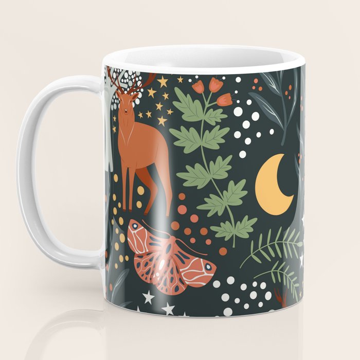 Full-Moon forest: Whimsical Woodland Nightscape with Deer and Moths Coffee Mug Gallery Image 3