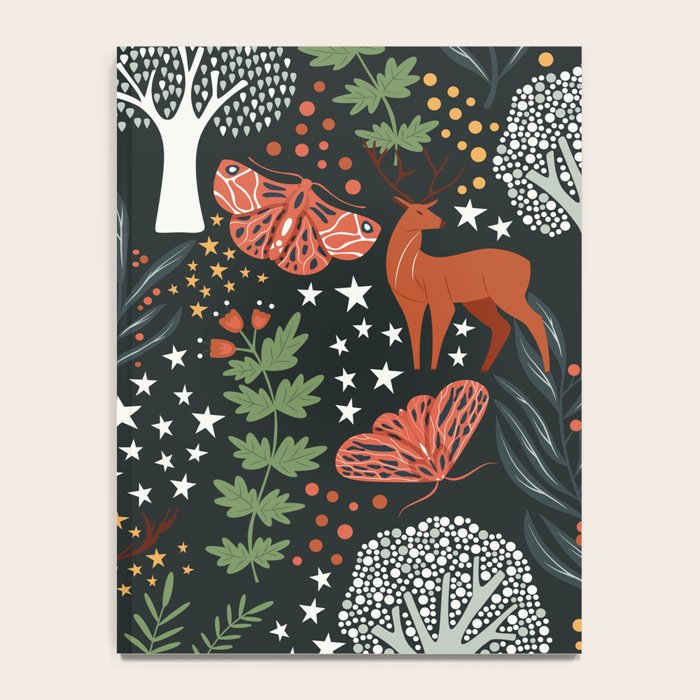 Full-Moon forest: Whimsical Woodland Nightscape with Deer and Moths Notebook Gallery Image 4
