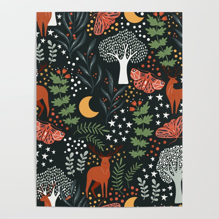 Full-Moon forest: Whimsical Woodland Nightscape with Deer and Moths Poster Gallery Image 4
