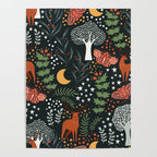 Full-Moon forest: Whimsical Woodland Nightscape with Deer and Moths Poster Gallery Image 4