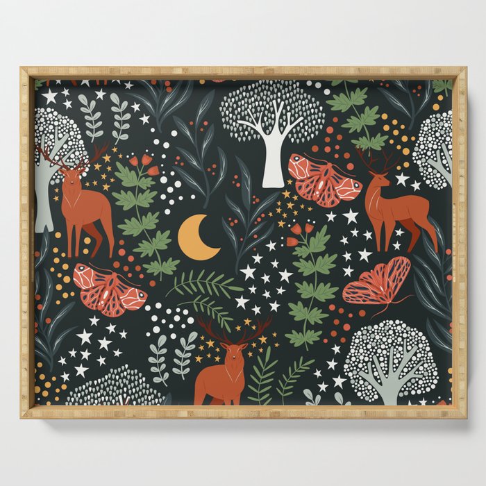 Full-Moon forest: Whimsical Woodland Nightscape with Deer and Moths Serving Tray Gallery Image 1