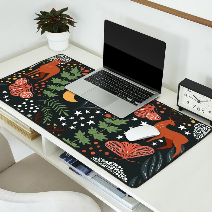 Full-Moon forest: Whimsical Woodland Nightscape with Deer and Moths Desk Mat Gallery Image 2