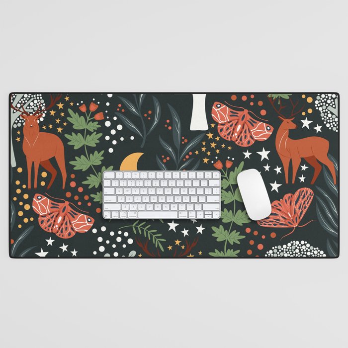 Full-Moon forest: Whimsical Woodland Nightscape with Deer and Moths Desk Mat Gallery Image 1