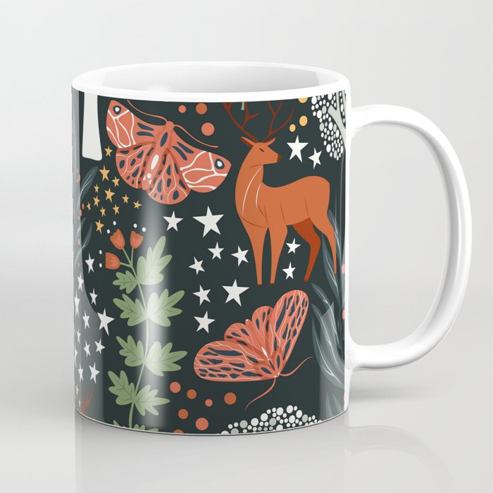 Full-Moon forest: Whimsical Woodland Nightscape with Deer and Moths Coffee Mug Gallery Image 1