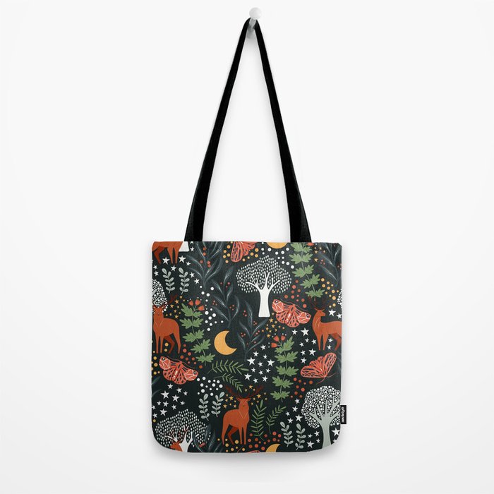 Full-Moon forest: Whimsical Woodland Nightscape with Deer and Moths Tote Bag Gallery Image 2