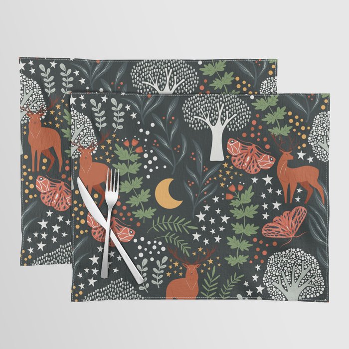 Full-Moon forest: Whimsical Woodland Nightscape with Deer and Moths Placemat Gallery Image 1